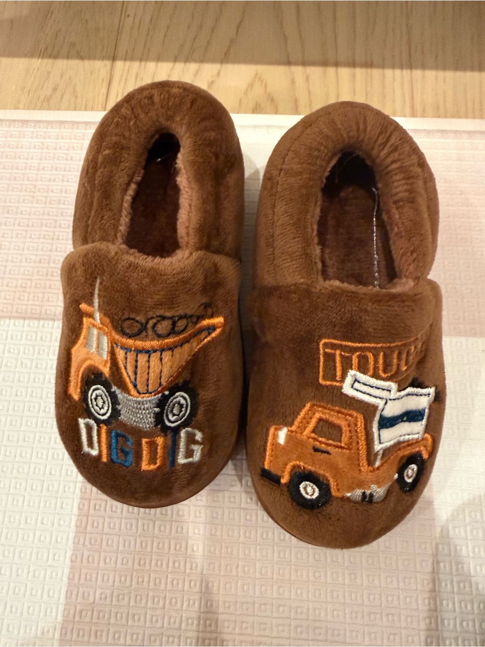 Kids Brown Plush Truck Slip-On Slippers